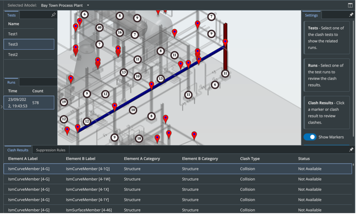 Example 3 - A list of iTwin clashes with clashing elements highlighted in the model.