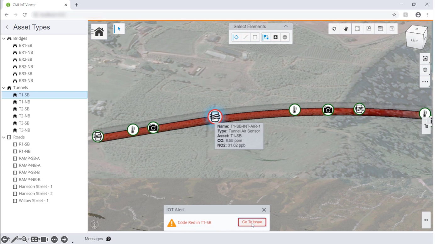 Example 5: An iTwin of a roadway triggers an alert when excessive CO levels are detected by a tunnel air sensor.