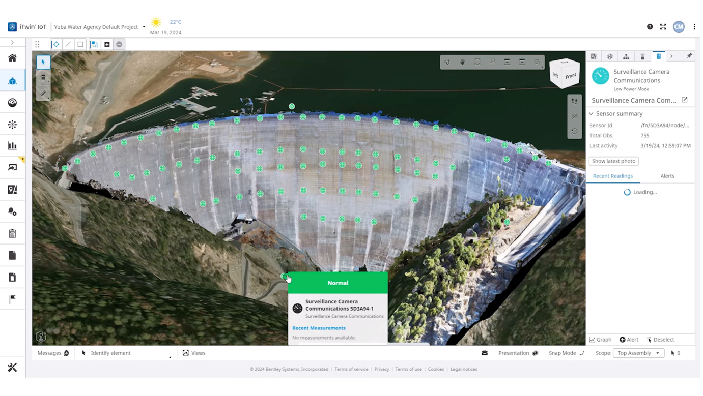 Example 2 - Yuba Water Agency integrates 83 sensors in their iTwin of a dam to detect defects and enhance safety in flood-prone areas.