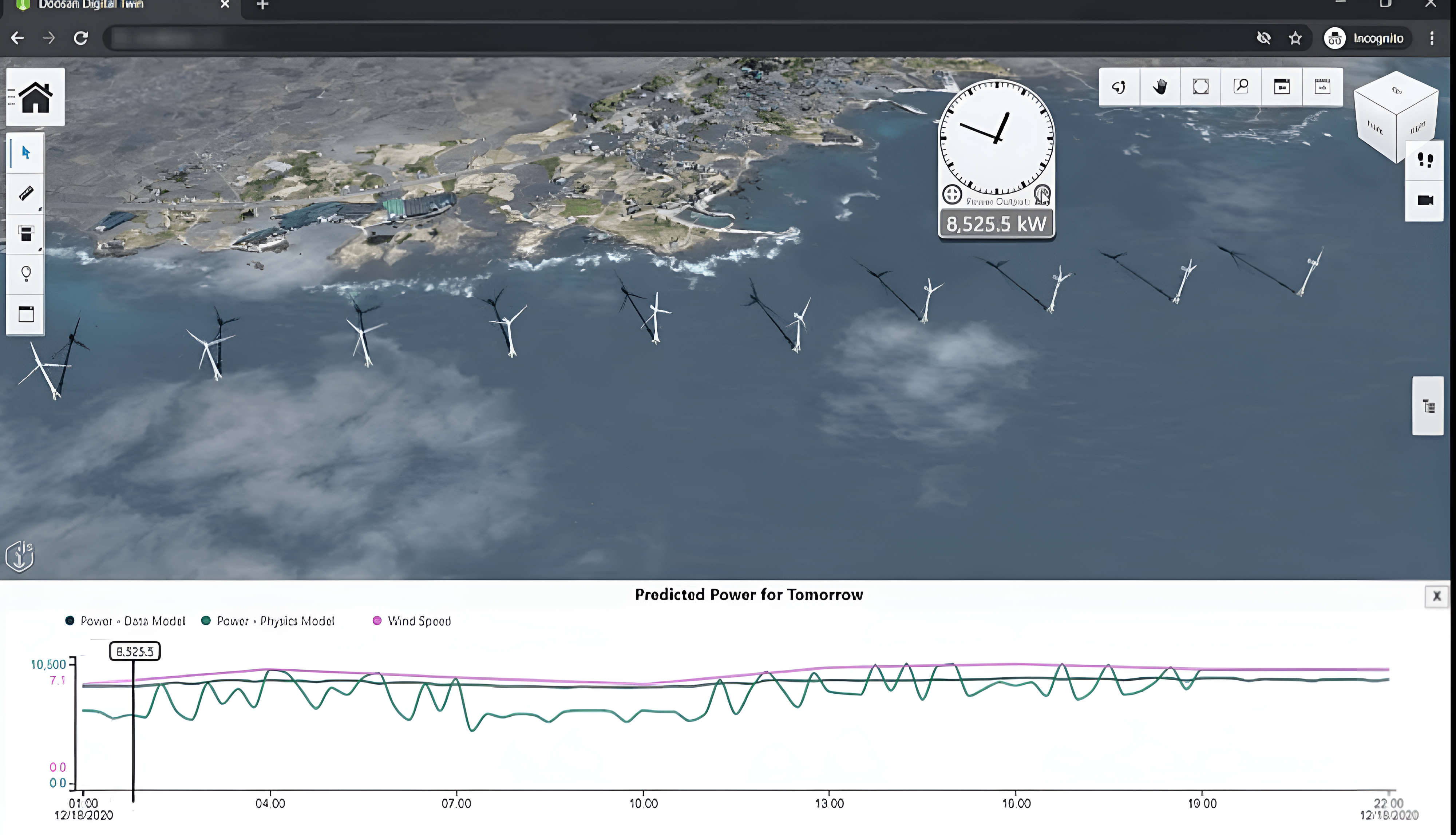 Example 4 – An iTwin of a windfarm integrating an ML algorithm that predicts future energy production based on weather conditions.